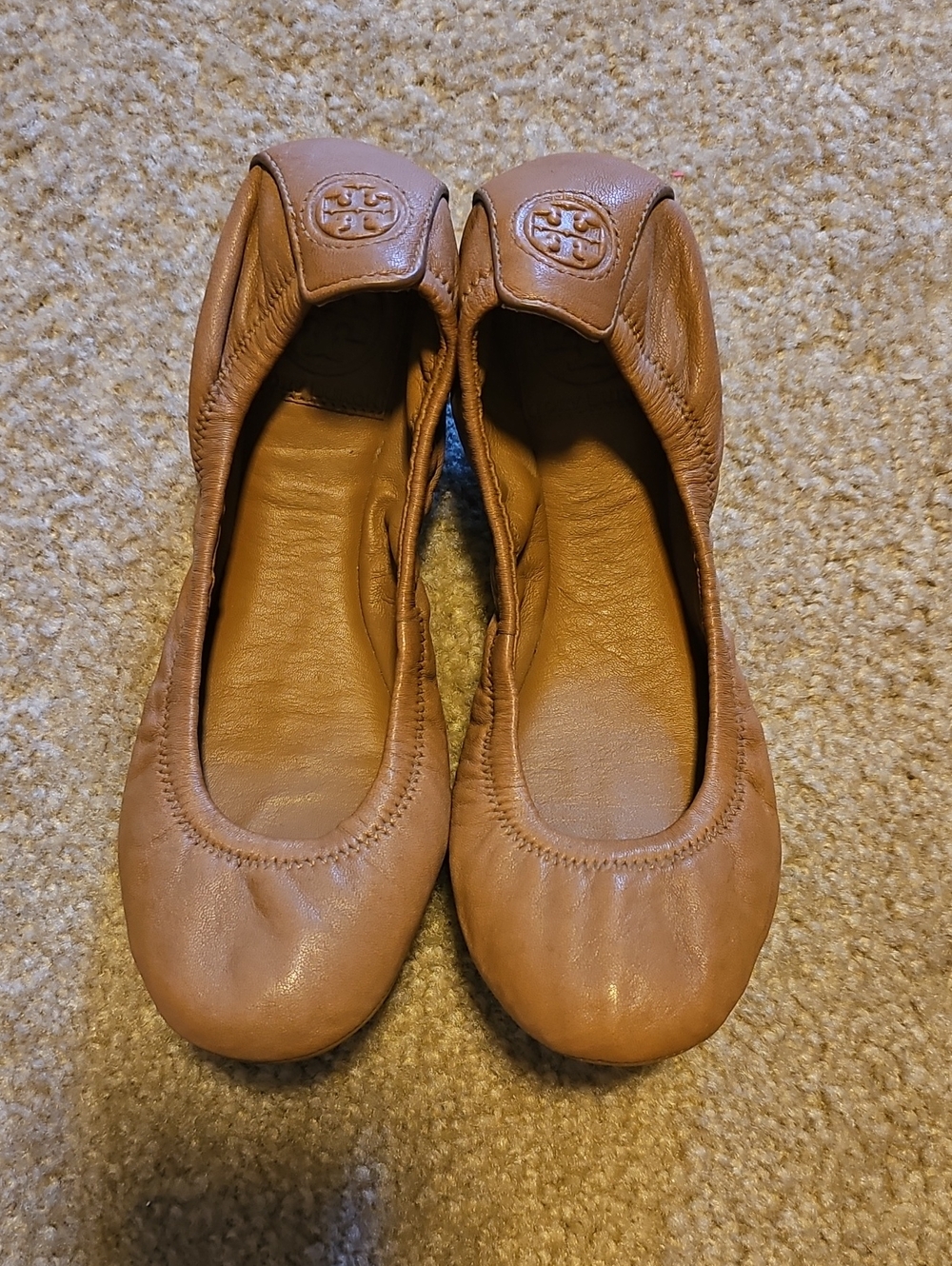 Tory Burch Cognac Leather Logo Ballet Flats